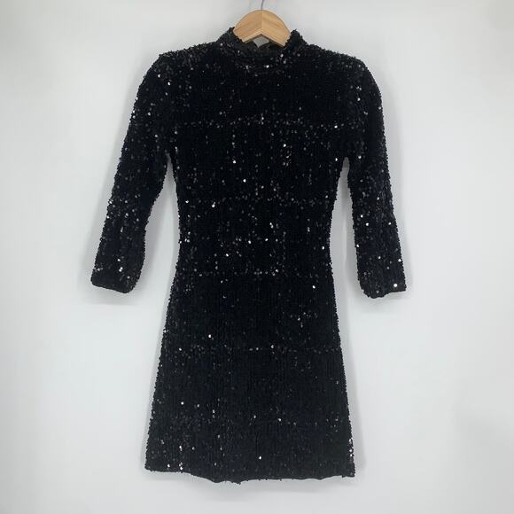ZARA Velvet Sequin Dress Open Back Sparkle High Neck Dress, Black - Picture 5 of 13